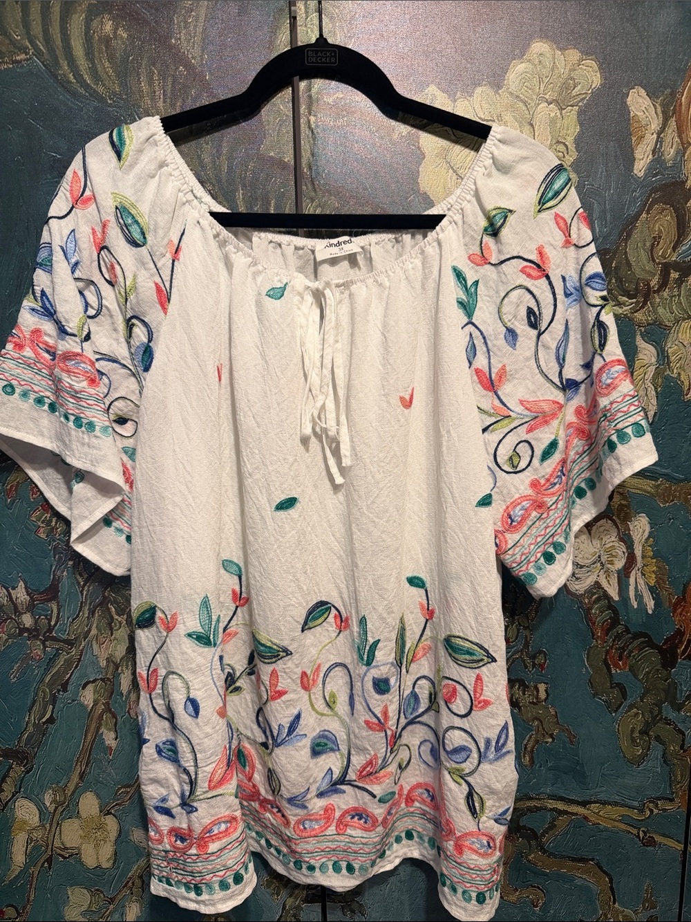 Kindred Bravely White Peasant Tunic with Multicolor Floral Embroidery